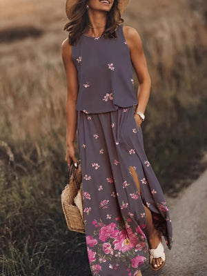 Robe longue sans manches à fente latérale et poches, motif floral/rayé unique – Confort élégant pour l'été-Marais Paris-Marais Paris