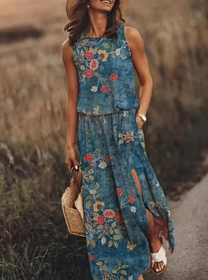 Robe longue sans manches à fente latérale et poches, motif floral/rayé unique – Confort élégant pour l'été-Marais Paris-Bleu Clair-S-Marais Paris