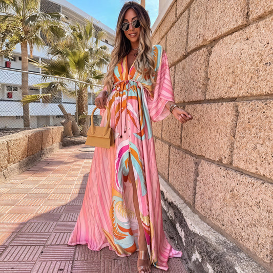 Robe Maxi Fluide Décolleté en V Manches Amples Fente Latérale-Dresses-Marais Paris-Rose Clair-S-Marais Paris