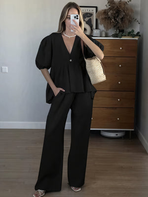Marais Paris Ensemble Deux Pièces Femme Lin – Haut Col V Manches Bouffantes & Pantalon Large-83274-36ef262c-df96-42be-9ed8-d7bfc32f7290