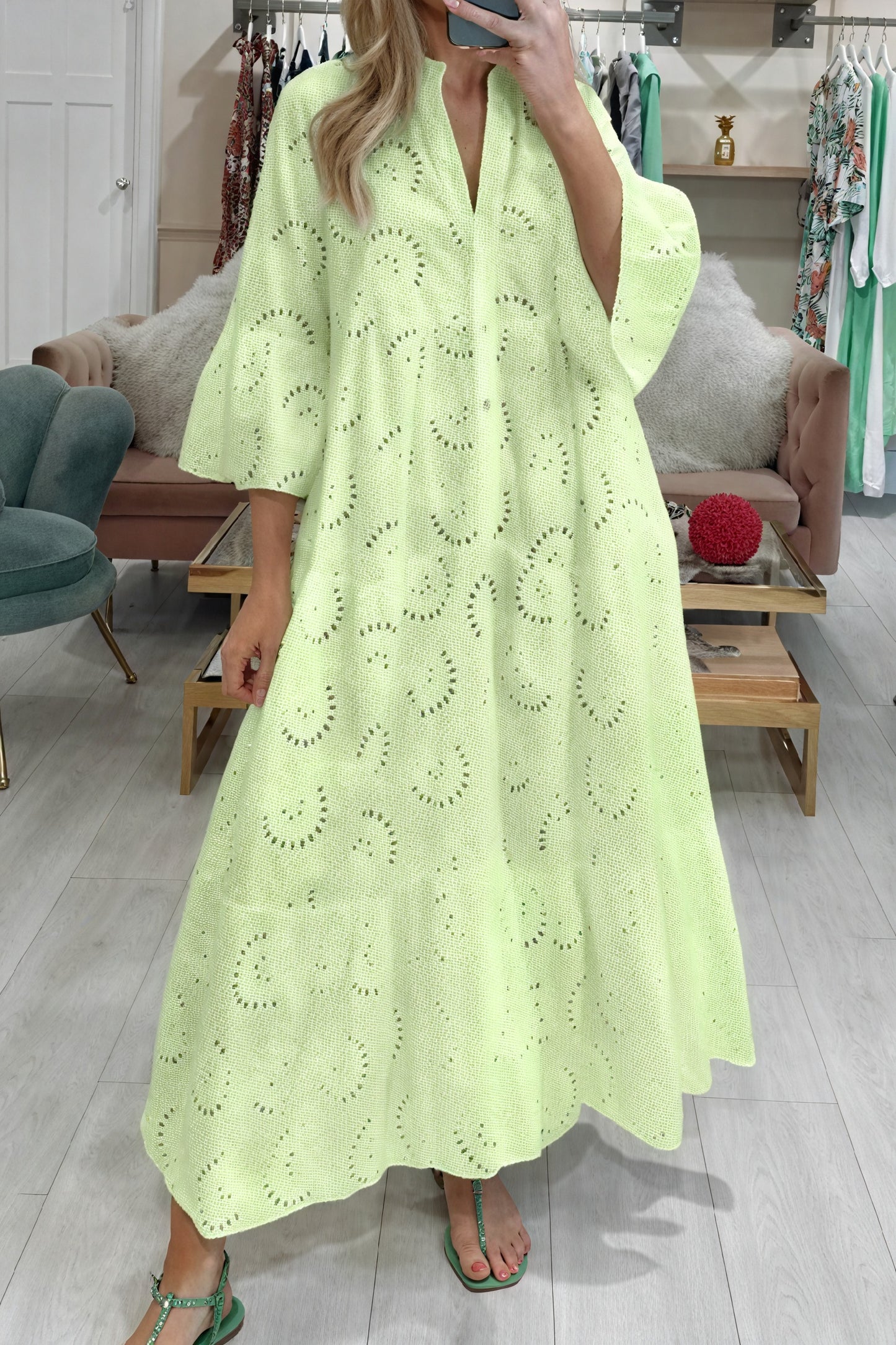 Marais Paris Women's Dress – Eyelet, V-Neck, 3/4 Sleeves, Button-Down-83323-147f7744-8926-4220-882c-bd30062dbc24