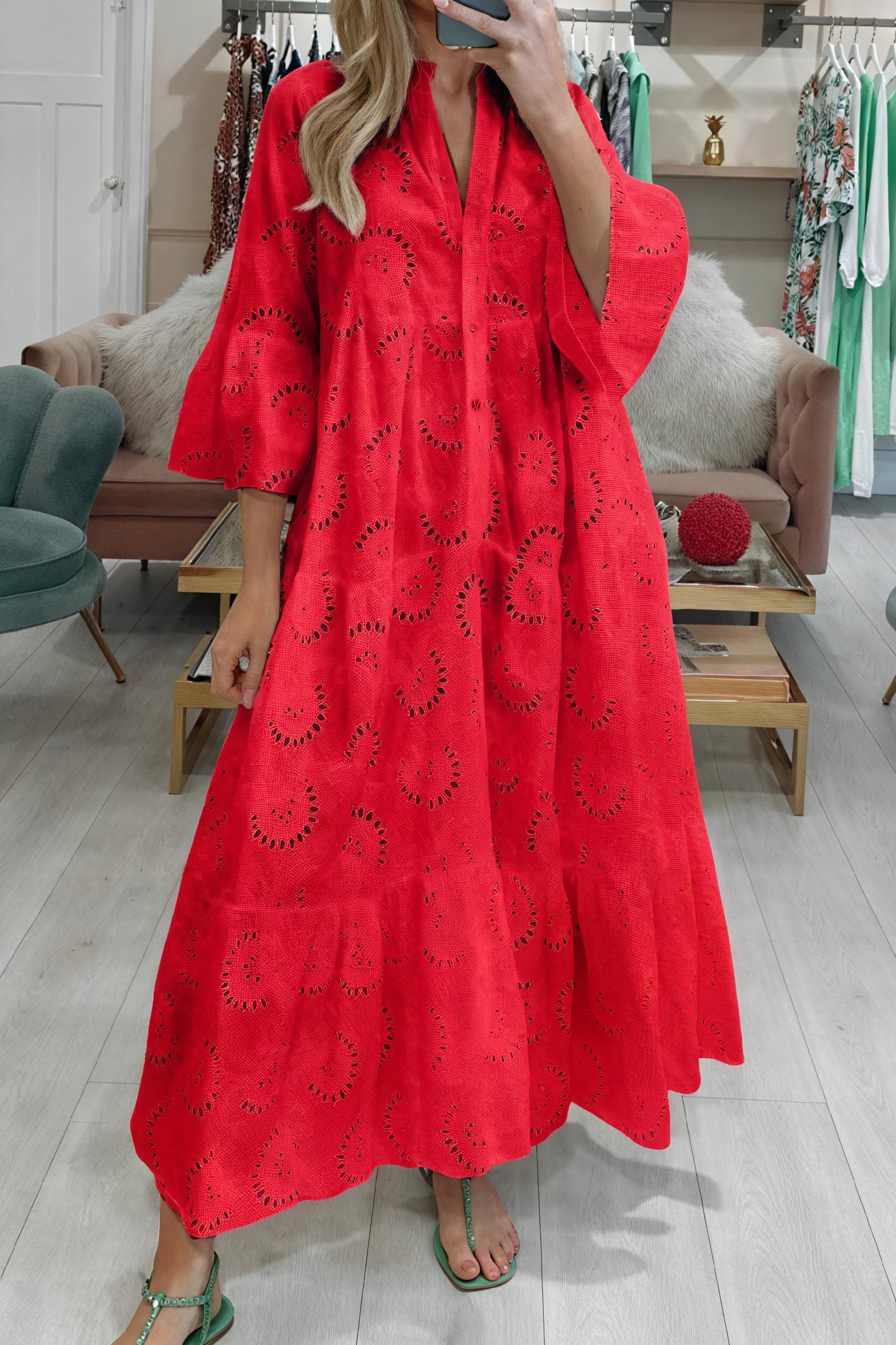 Marais Paris Women's Dress – Eyelet, V-Neck, 3/4 Sleeves, Button-Down-83323-374ff908-de96-4770-960d-42c060ba6eeb