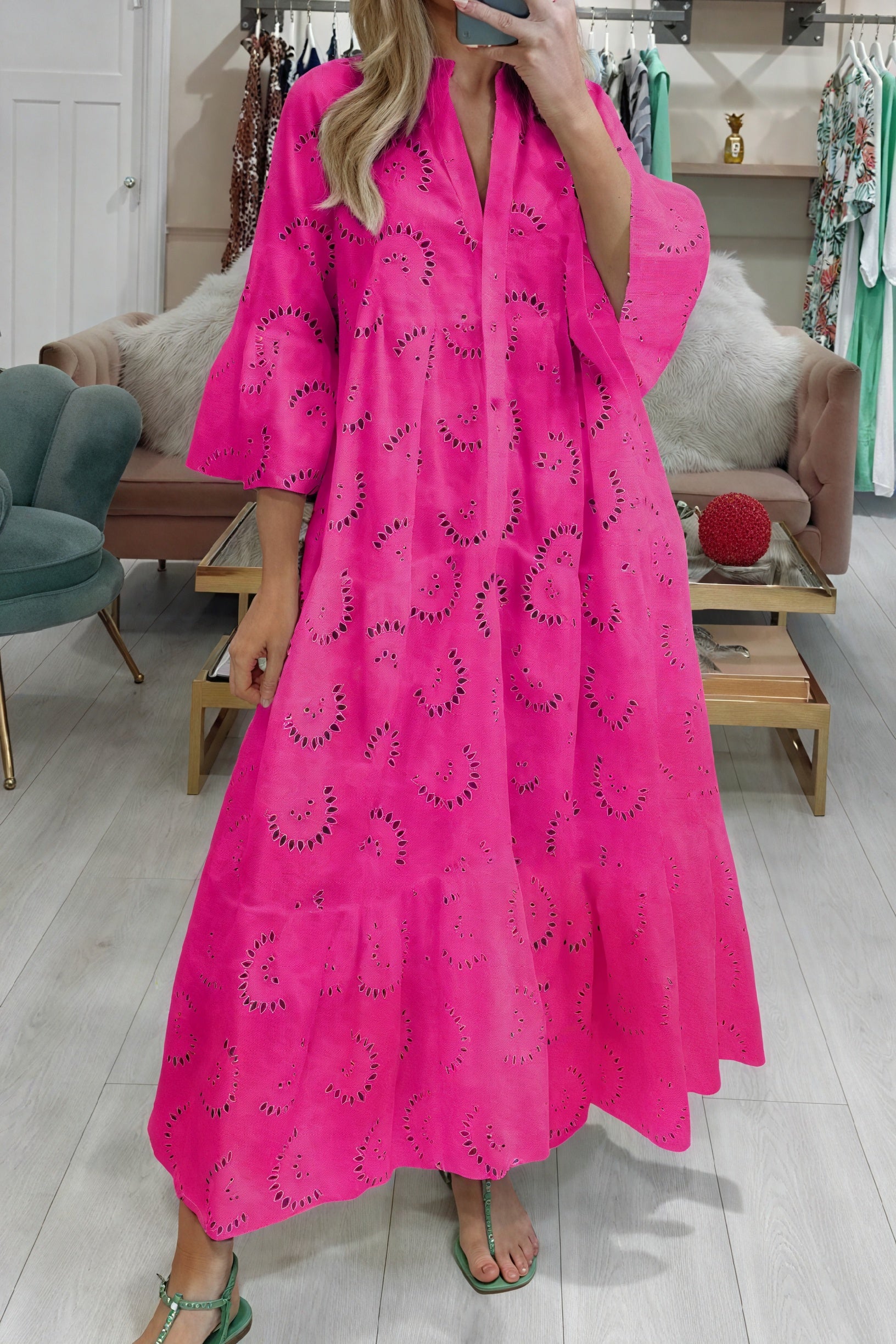 Marais Paris Women's Dress – Eyelet, V-Neck, 3/4 Sleeves, Button-Down-83323-1280320f-48bd-4025-a2de-df9af720b1a3