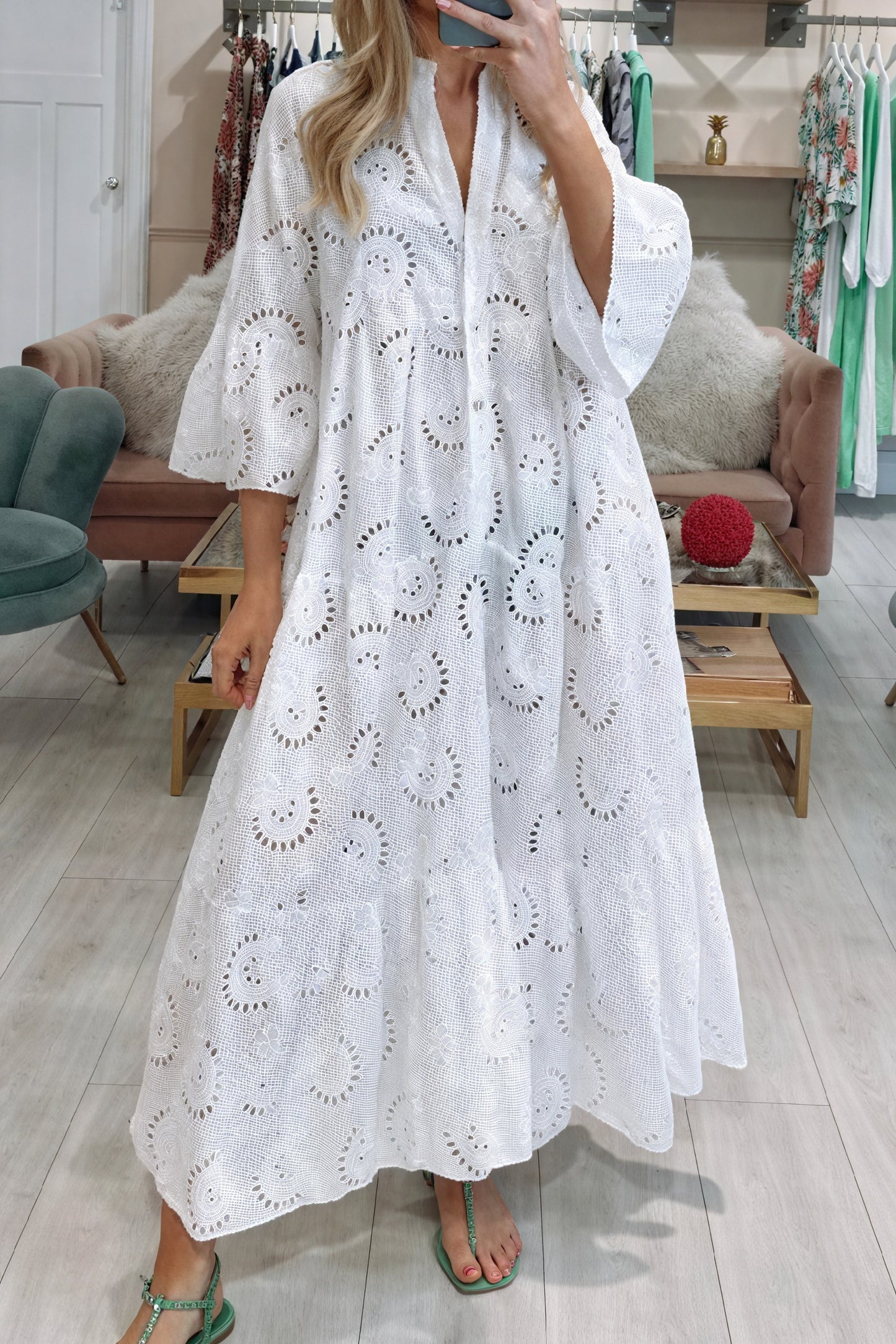 Marais Paris Women's Dress – Eyelet, V-Neck, 3/4 Sleeves, Button-Down-83323-b92fdffe-33c0-43cb-adb1-6946990ffda0
