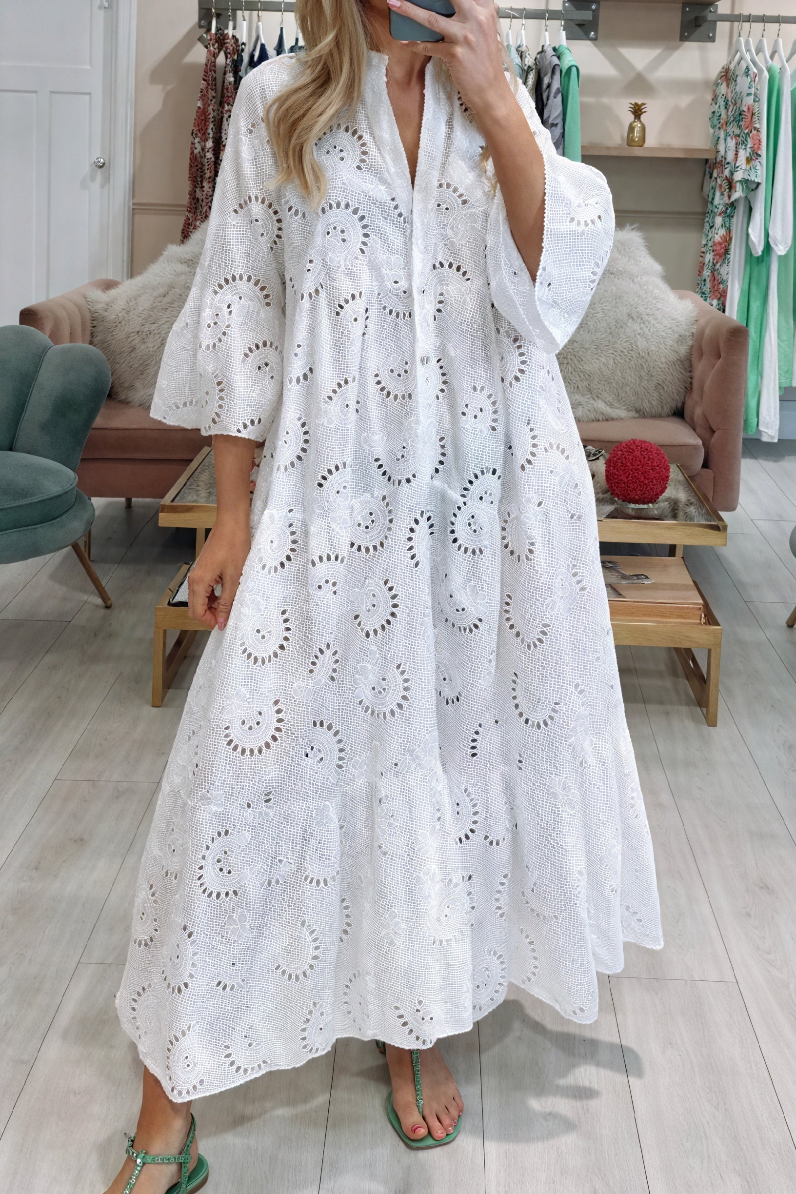 Marais Paris Women's Dress – Eyelet, V-Neck, 3/4 Sleeves, Button-Down-83323-b92fdffe-33c0-43cb-adb1-6946990ffda0