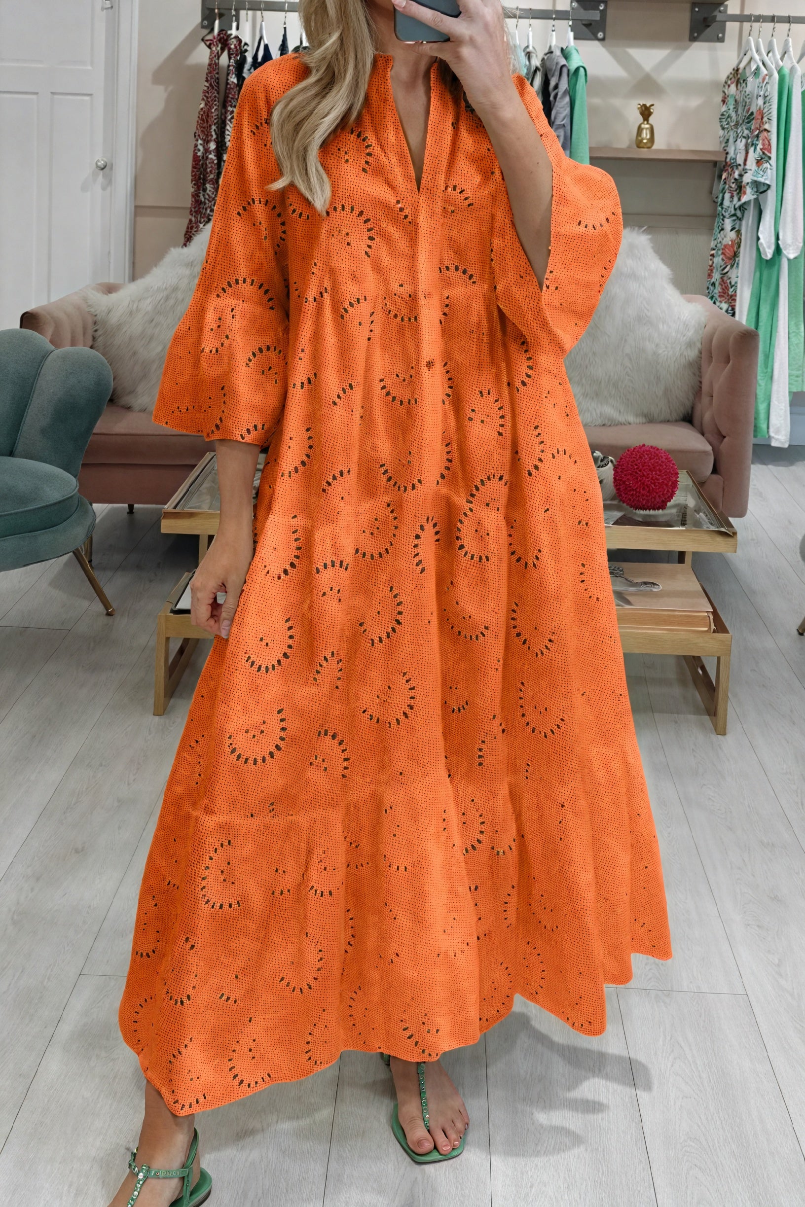 Marais Paris Women's Dress – Eyelet, V-Neck, 3/4 Sleeves, Button-Down-83323-df1778ae-233c-470c-be63-67380e9c558b