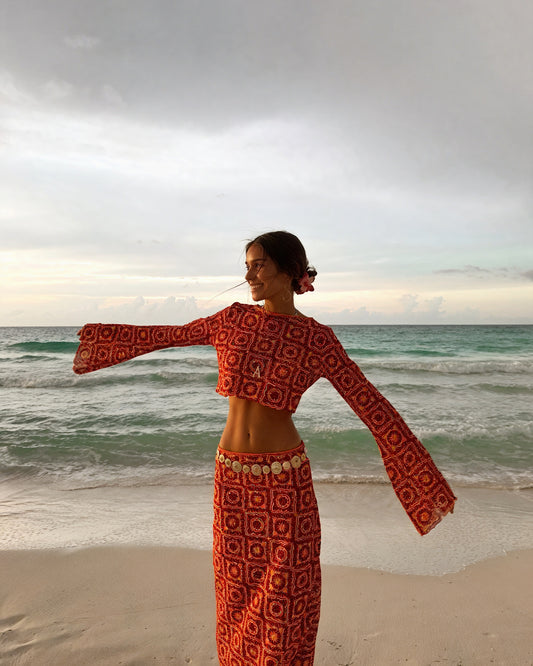 Ensemble Deux Pièces Femme – Crochet Bicolore, Haut Court Manches Longues, Taille Haute, Style Bohème, Marais Paris-83575-09c8f78b-d32b-4f59-9e9a-70de66d66c28