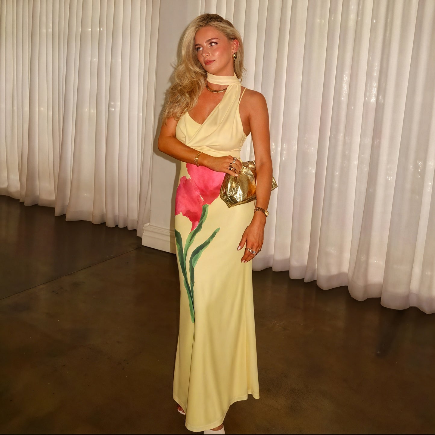 Robe Maxi Femme – Jaune Imprimé Floral, Col Halter, Marais Paris-83591-6701cd67-b004-4fcb-b030-872bbb64b395