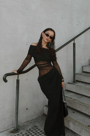 Robe Longue Drapée Épaules Nues Découpes Modernes-Dresses-Marais Paris-Noir-S-Marais Paris