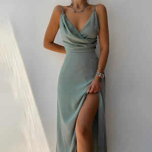 Robe Longue Fluide - Bretelles Spaghetti, Fente Haute, Soirée-Dresses-Marais Paris-Vert Menthe-S-Marais Paris