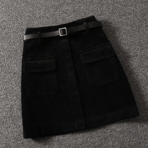 Jupe A-line en velours côtelé avec ceinture et poches-Women Skirt-Marais Paris-Noir-S-Marais Paris