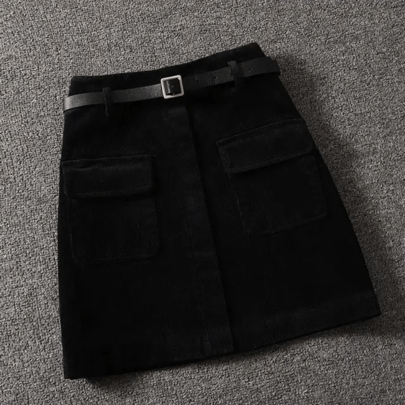 Jupe A-line en velours côtelé avec ceinture et poches-Women Skirt-Marais Paris-Noir-S-Marais Paris