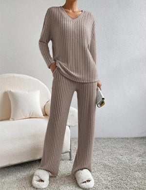 Ensemble Lounge Femme - Haut Col V, Pantalon Jambes Larges-Loungewear-Marais Paris-Taupe-S-Marais Paris