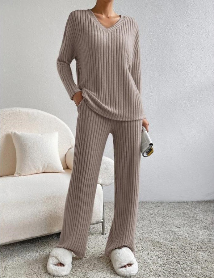 Ensemble Lounge Femme - Haut Col V, Pantalon Jambes Larges-Loungewear-Marais Paris-Taupe-S-Marais Paris