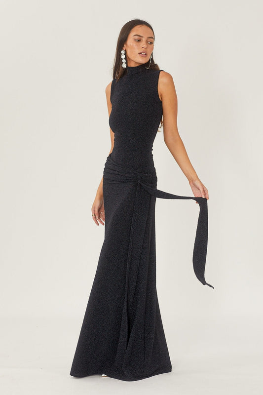 Robe Longue Élégante - Coupe Fluide, Ceinture à Nouer, Sans Manches-Dresses-Marais Paris-Noir-S-Marais Paris