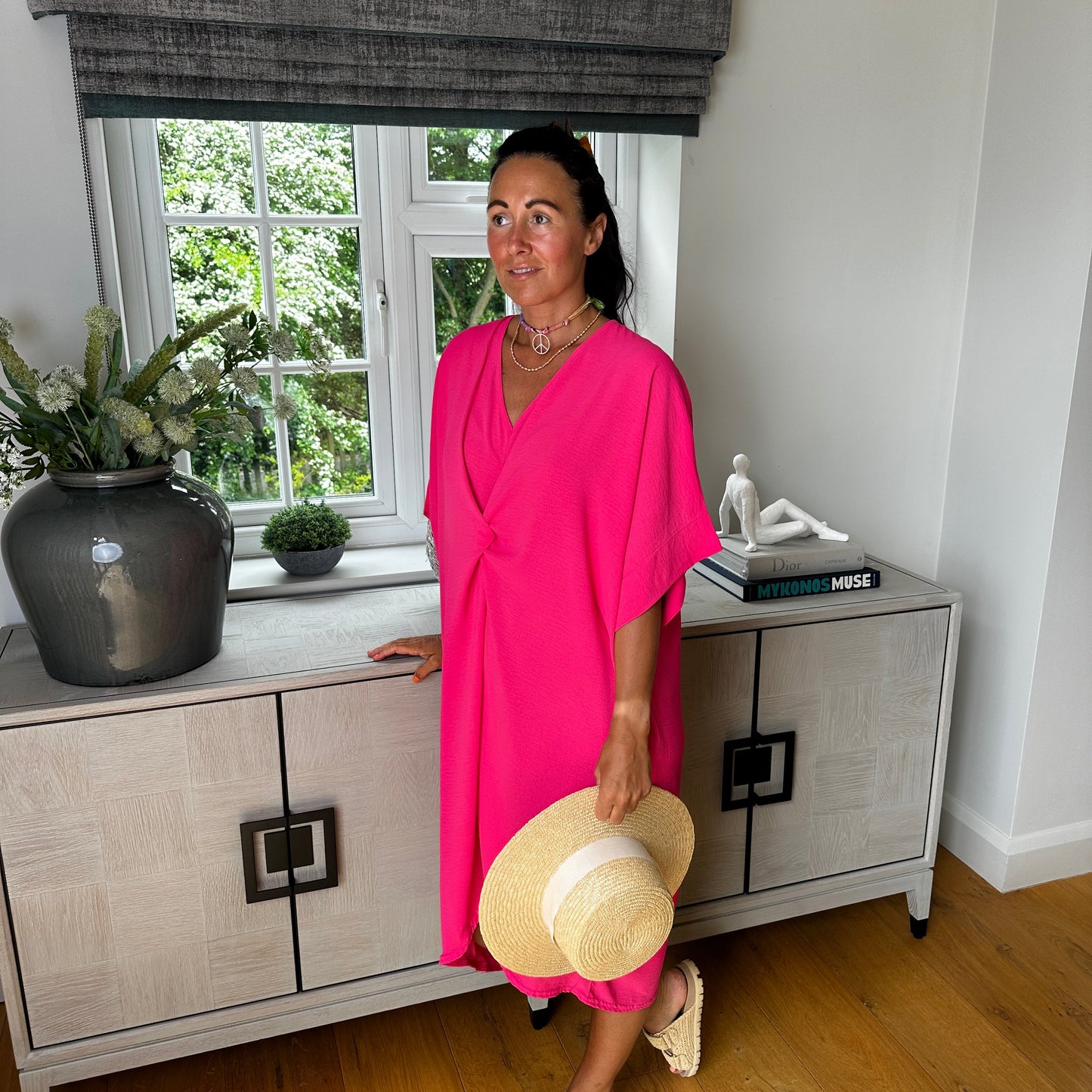 Robe Midi Détail Nœud Torsadé Manches Courtes-Belle Rose Fashion-Bellerose Fashion