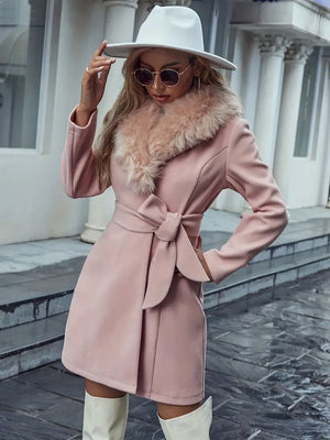 Manteau Femme Rose – Col Fausse Fourrure, Ceinture, Élégant-39520-fbd6d2ff-3859-44a6-98af-8ba65cdd1d3c