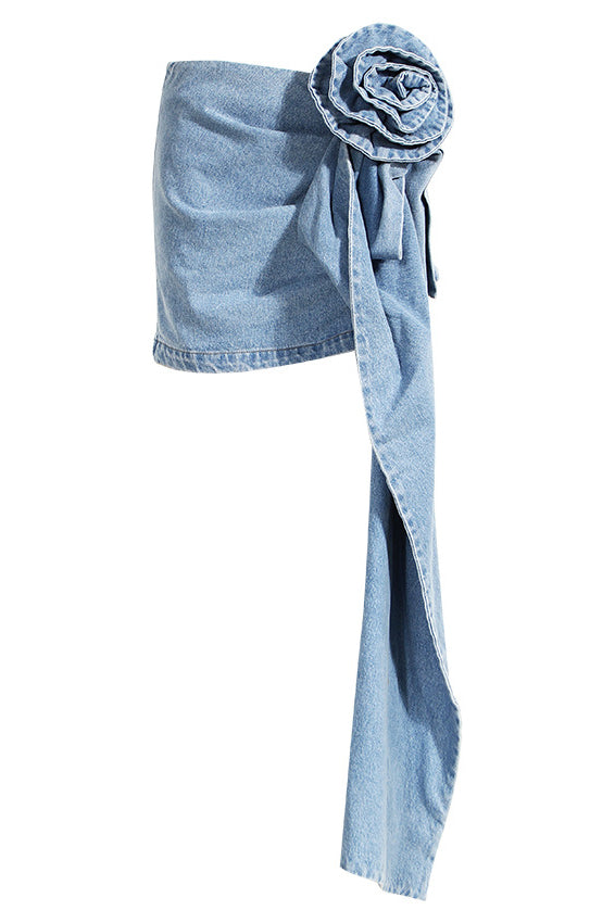 Jupe Denim Asymétrique avec Fleur Sculptée - Mini Jupe Avant-Garde-Mini Skirt-Marais Paris-Marais Paris