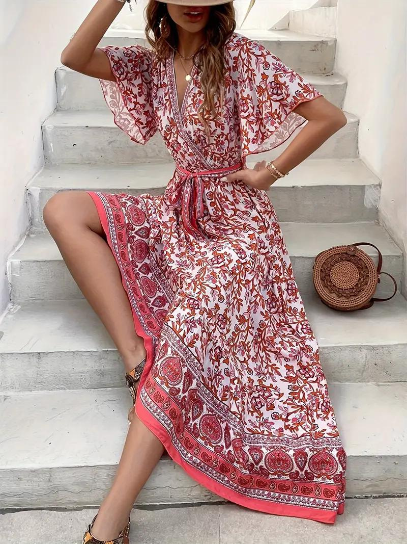 Robe Maxi Fleurie Décolleté V Taille Nouée Manches Courtes Fluide Bohème Été Plage-Marais Paris-Marais Paris