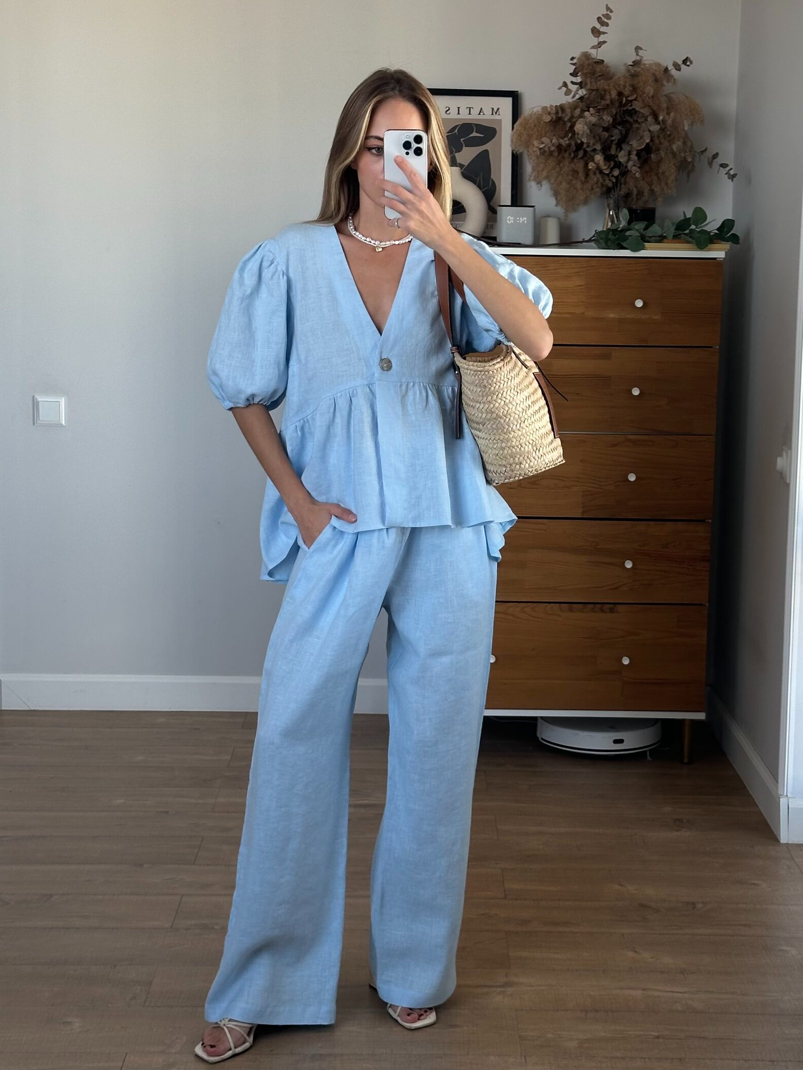 Marais Paris Ensemble Deux Pièces Femme Lin – Haut Col V Manches Bouffantes & Pantalon Large-83274-995f1147-86be-4d33-a67f-396f45528208