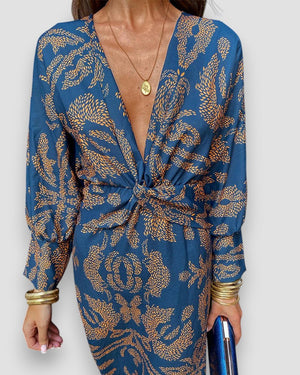 Robe Longue Femme – Imprimée Col V, Nœud Taille, Manches Longues-83293-9bbd0c1b-d296-49ad-8b72-dcf895a4ce8e