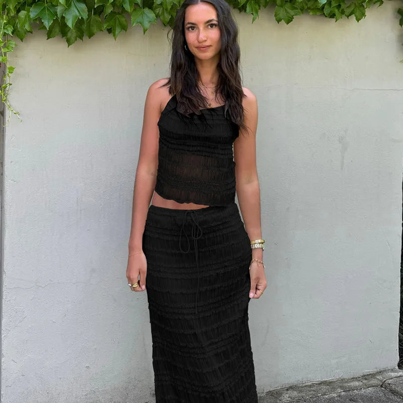 Ensemble Deux Pièces Femme – Haut Licou Texturé & Jupe Midi, Taille Cordon, Plusieurs Couleurs-83709-9c3963aa-24fb-46ce-80dd-38ea5f0c46b3