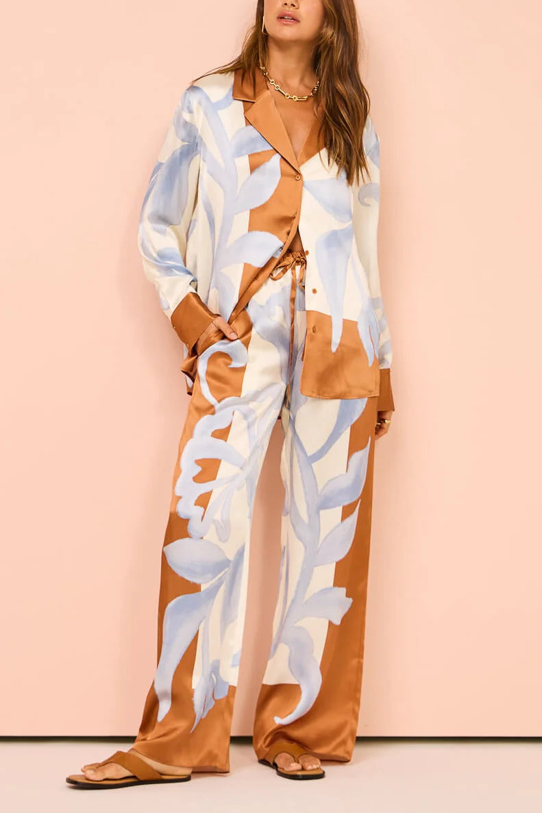 Ensemble Pyjama Femme Imprimé Floral, Pantalon Large, Chemise Boutonnée-Sets-Marais Paris-Marron-S-Marais Paris