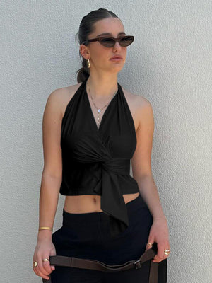 Haut Halter Noué Femme - Coupe Cropped, Style Enveloppant-Marais Paris-Noir-S-Marais Paris