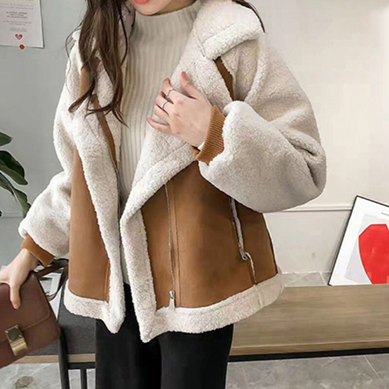 Manteau Femme Bicolore – Doublure Fausse Fourrure, Aspect Daim, Col Large, Fermeture Éclair-50497-df5d1547-0039-4389-b3d9-6fb885bc9f9b