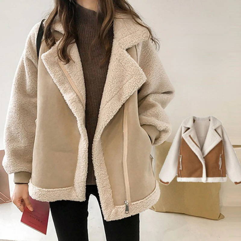 Manteau Femme Bicolore – Doublure Fausse Fourrure, Aspect Daim, Col Large, Fermeture Éclair-50497-81840c9e-7d9e-4d2a-9390-739ba8acf44d