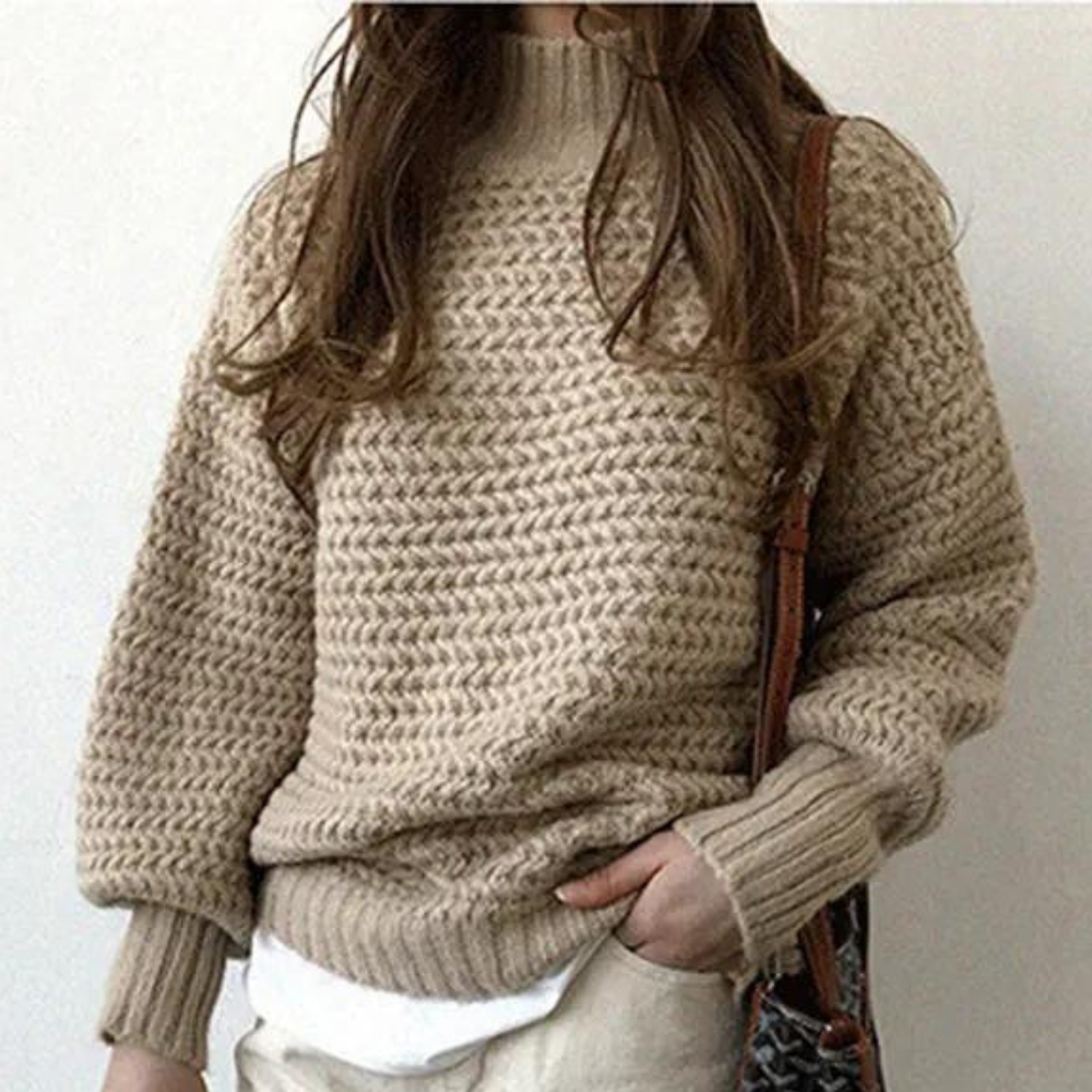 Femme Pull Col Roulé Maille Chunky Manches Oversize Crème Coton Acrylique-54883-58562561605962