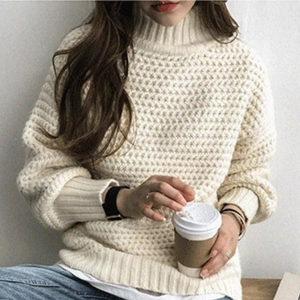 Femme Pull Col Roulé Maille Chunky Manches Oversize Crème Coton Acrylique-54883-58562561016138
