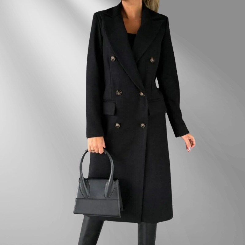 Manteau Long Femme Double-Breasted – Laine Mélangée, Coupe Ajustée, Revers Structurés-55035-59519544426839