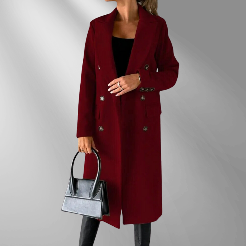 Manteau Long Femme Double-Breasted – Laine Mélangée, Coupe Ajustée, Revers Structurés-55035-59519544459607
