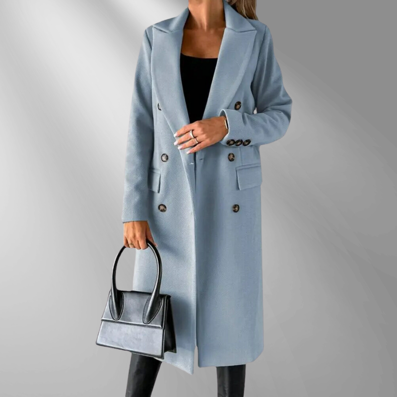 Manteau Long Femme Double-Breasted – Laine Mélangée, Coupe Ajustée, Revers Structurés-55035-59519544492375