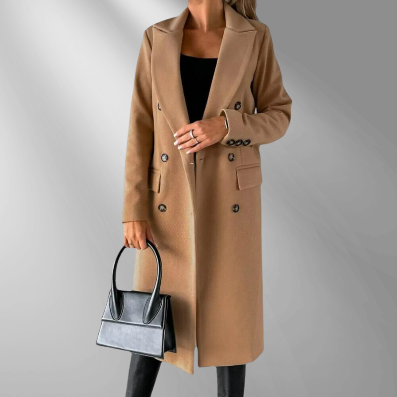 Manteau Long Femme Double-Breasted – Laine Mélangée, Coupe Ajustée, Revers Structurés-55035-59519544525143