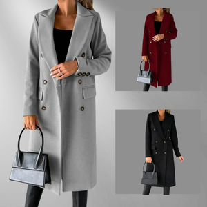 Manteau Long Femme Double-Breasted – Laine Mélangée, Coupe Ajustée, Revers Structurés-55035-59519544590679