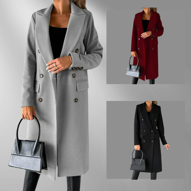 Manteau Long Femme Double-Breasted – Laine Mélangée, Coupe Ajustée, Revers Structurés-55035-59519544590679
