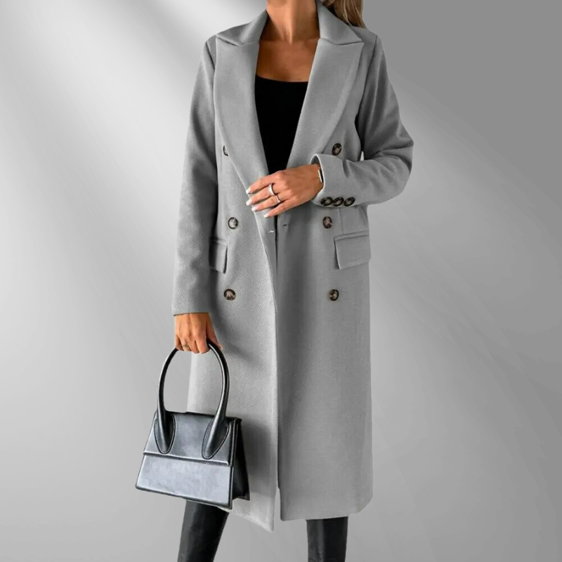 Manteau Long Femme Double-Breasted – Laine Mélangée, Coupe Ajustée, Revers Structurés-55035-59519544394071