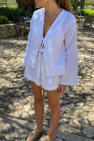 Femme Ensemble Deux Pièces Lin – Haut Manches Longues Noué Short Taille Élastique Décontracté-83296-a10f04bf-769e-4a13-b329-81119069d0ce