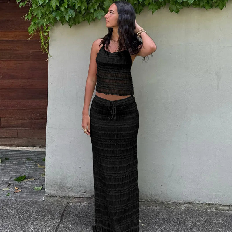 Ensemble Deux Pièces Femme – Haut Licou Texturé & Jupe Midi, Taille Cordon, Plusieurs Couleurs-83709-a323052d-3b6e-4a62-8c6e-5b1b55529f16