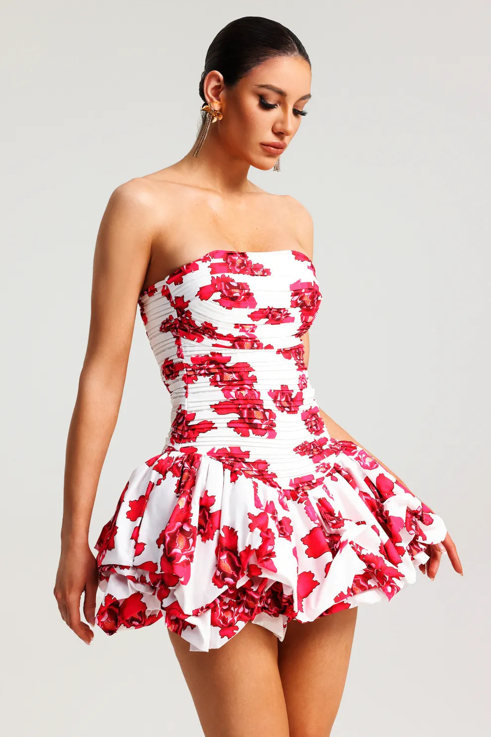 Robe Femme Sans Bretelles – Imprimé Floral, Jupe à Volants, Bustier Structuré, Élégante-83685-aba7c88a-826a-4f19-8732-2cffe1ba236f