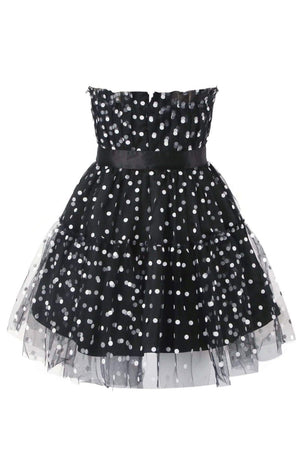 Robe à pois, sans bretelles, nœud satiné, jupe à volants-Dresses-Marais Paris-Marais Paris