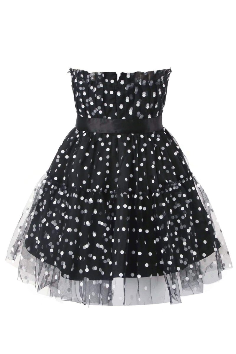 Robe à pois, sans bretelles, nœud satiné, jupe à volants-Dresses-Marais Paris-Marais Paris