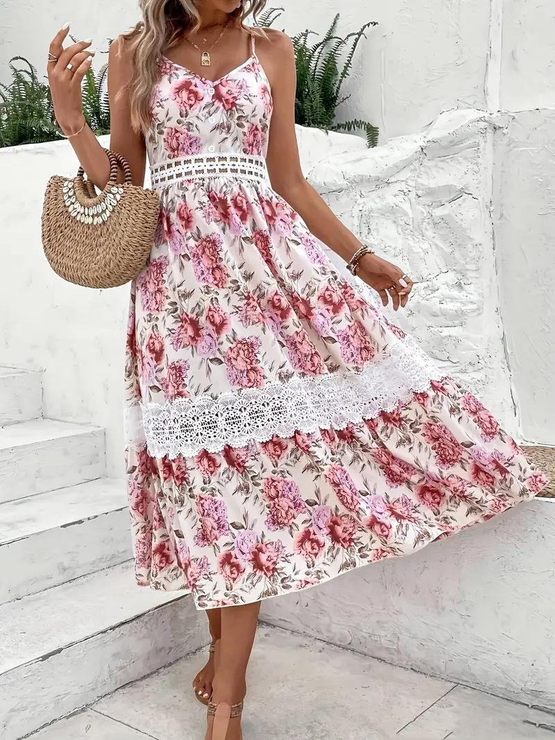 Robe Midi Florale Bohème - Bretelles Spaghetti, Dentelle-Dresses-Marais Paris-S-Marais Paris