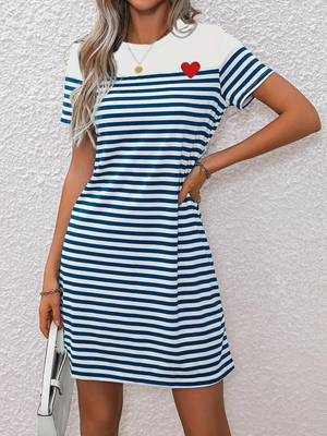 Robe Rayée Femme - Cœur Rouge, Manches Courtes, Coupe Trapèze-Dresses-Marais Paris-Marais Paris