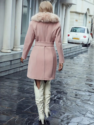 Manteau Femme Rose – Col Fausse Fourrure, Ceinture, Élégant-39520-b7b6daed-b916-4b80-97cb-7189e82772e7