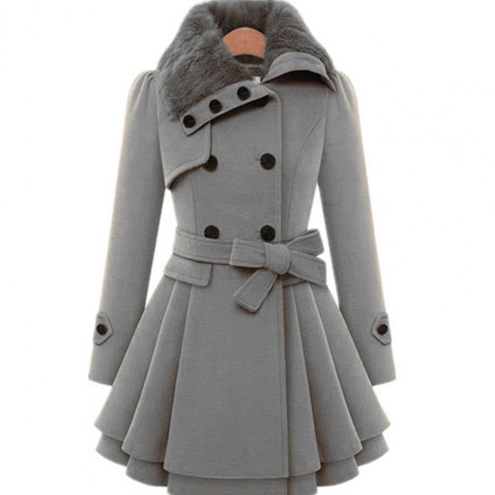 Manteau Femme Double Boutonnage Col Fausse Fourrure Jupe Évasée Ceinture-82347-b874cd15-a500-4385-bc7d-5daf675e8b40