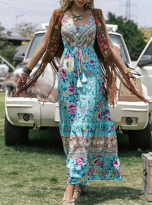 Robe Maxi Bohème Fleurie - Coupe Longue, Détail Cordon-Dresses-Marais Paris-XS-Marais Paris