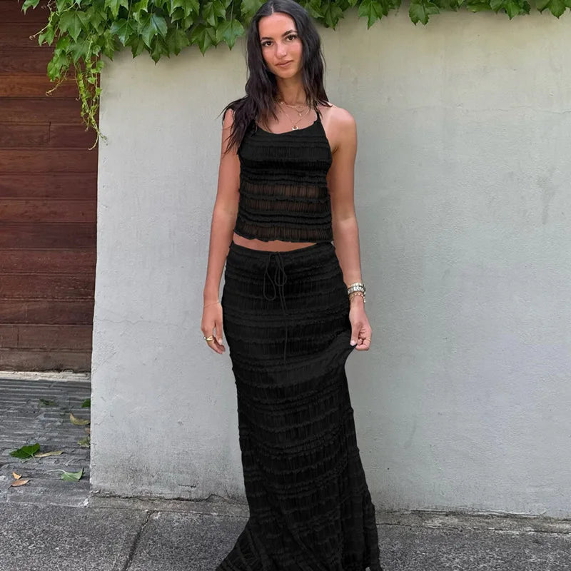 Ensemble Deux Pièces Femme – Haut Licou Texturé & Jupe Midi, Taille Cordon, Plusieurs Couleurs-83709-bbc5e846-efdd-4287-be43-52a4d96062fa